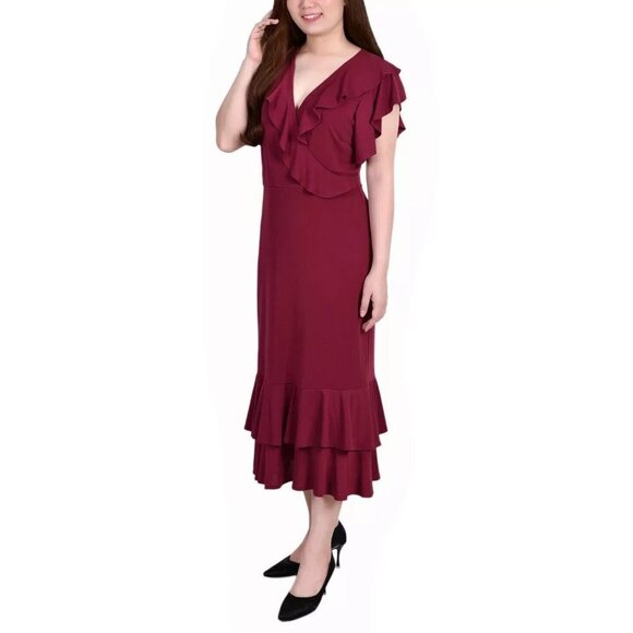 NY COLLECTION Women's Short Flutter Sleeve Ruffle Neck Dress Burgundy Sz… - Picture 1 of 3